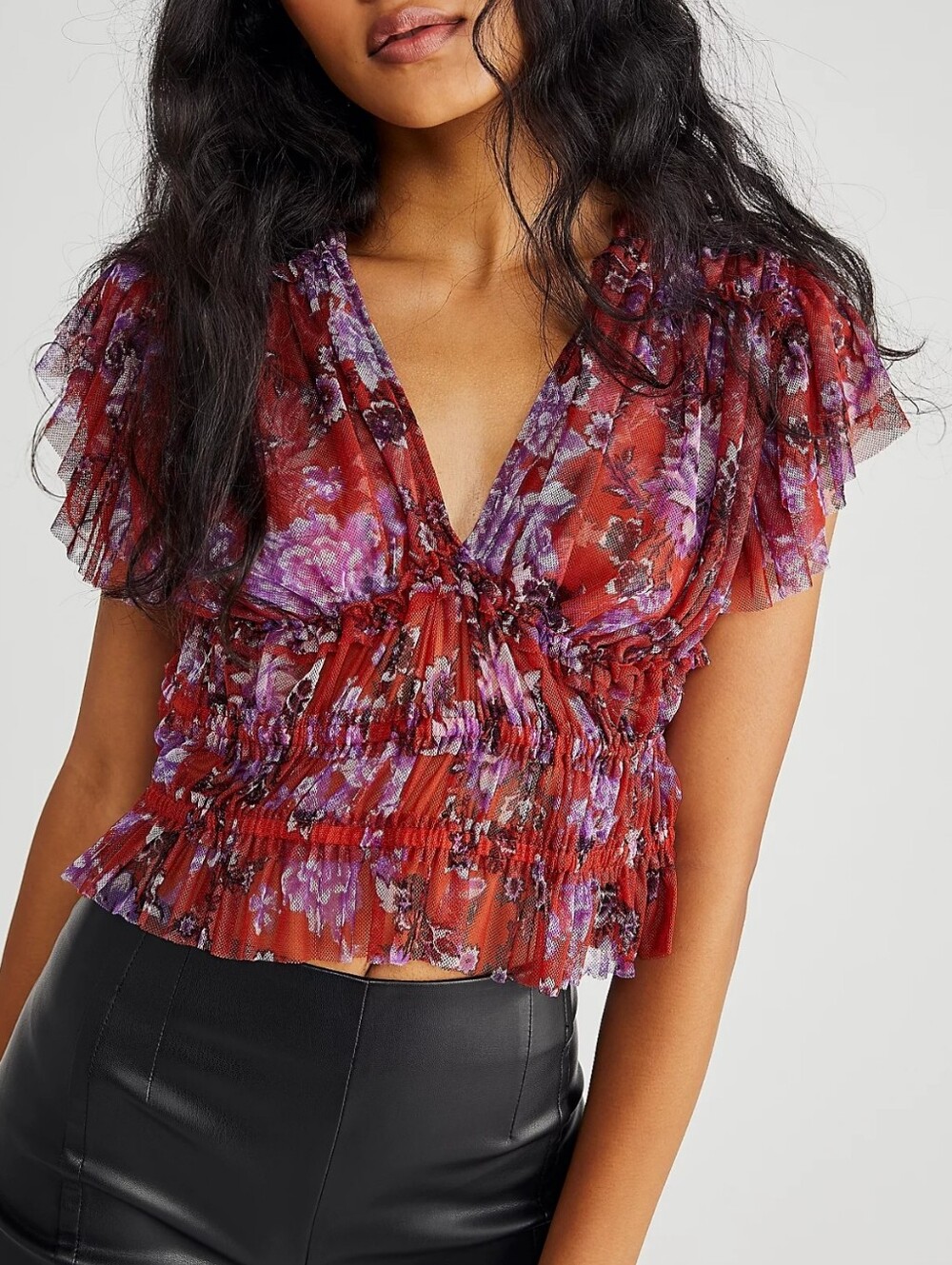 Free People Making Me Smile Floral Print V-neck Top Blouse Boho Chic Feminine L